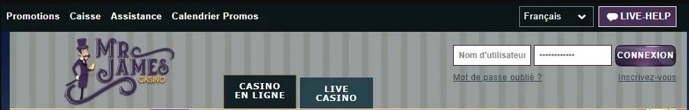 Sign in to Mr James Casino and access online casino or live casino games