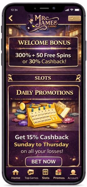 Get 15% cashback on all losses from Sunday to Thursday at Mr James Casino app
