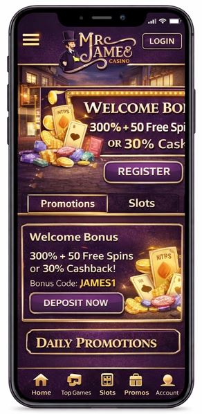 Join Mr James Casino and claim 300% bonus plus 50 free spins
